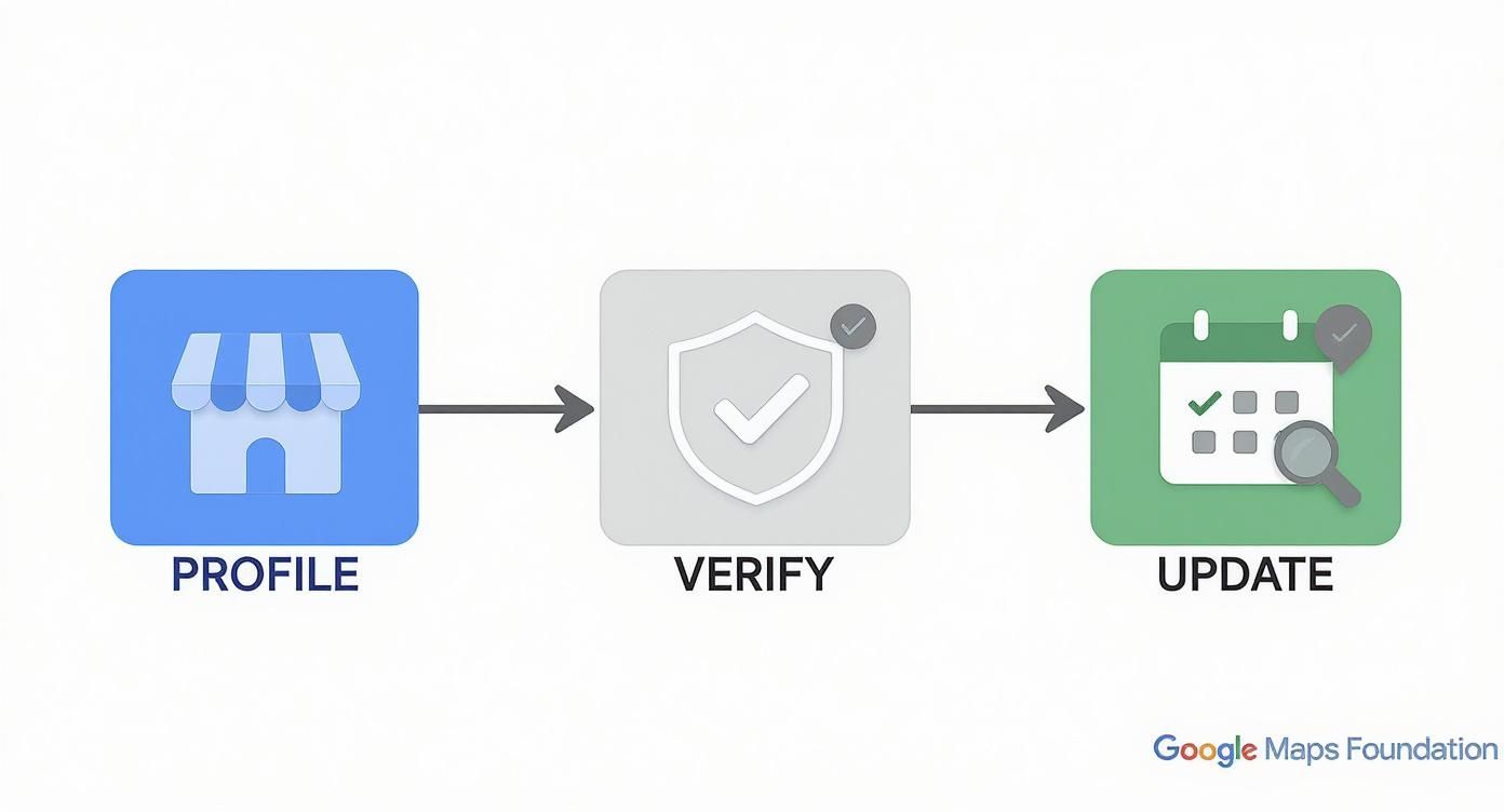 Flowchart illustrating the process to create, verify, and update a Google Maps business listing.