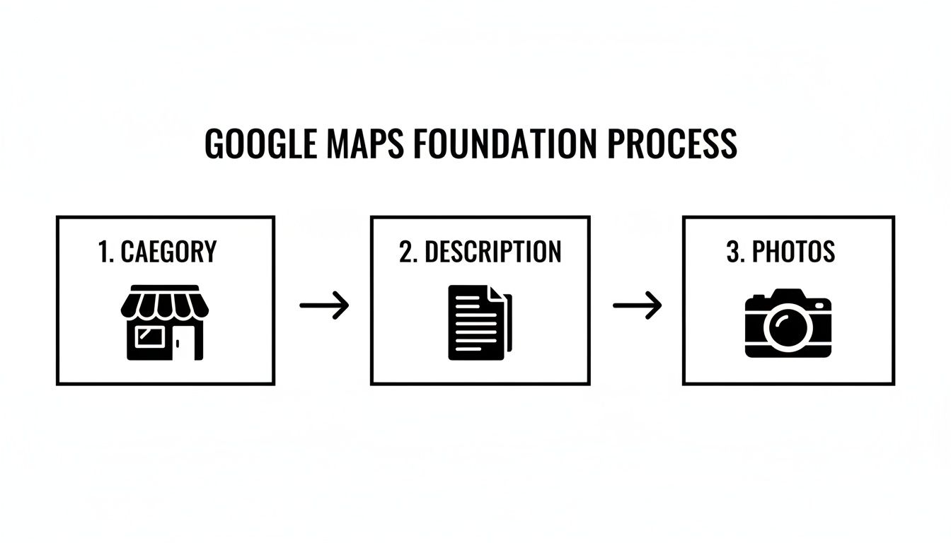 A flowchart illustrating the Google Maps foundation process with steps for category, description, and photos.
