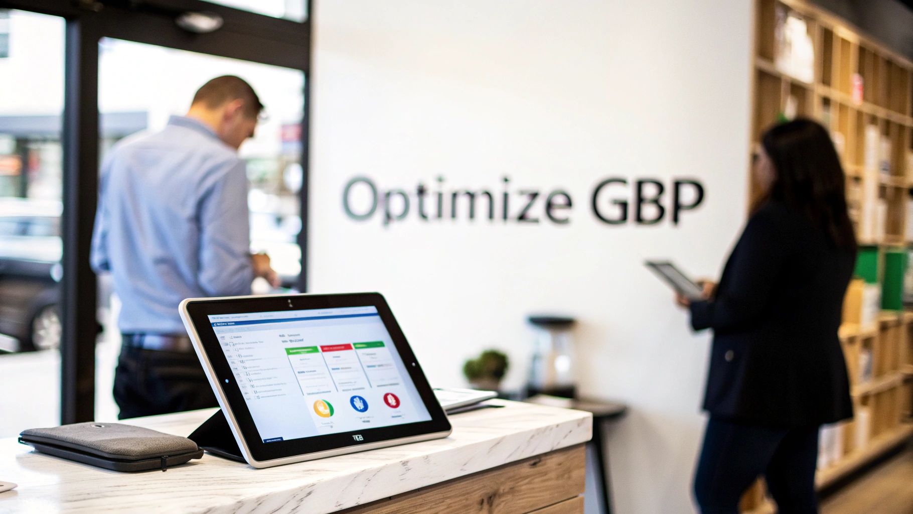 A modern office setting with a tablet displaying a business optimization dashboard on a counter.