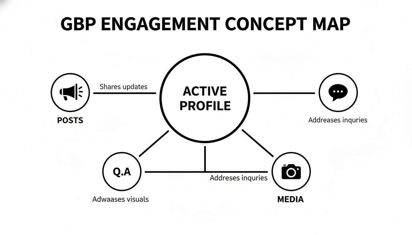 Concept map illustrating how an active Google Business Profile engages through posts, Q&A, and media.