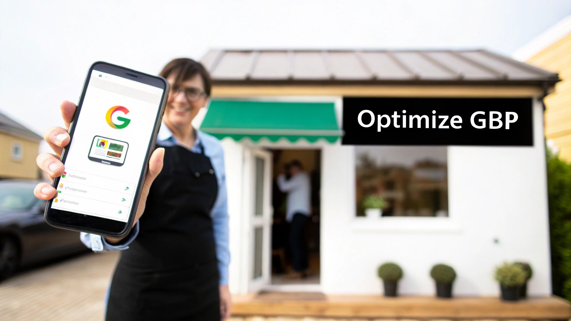 A smiling shop owner holds a smartphone displaying a Google Business Profile app, with 'Optimize GBP' text.