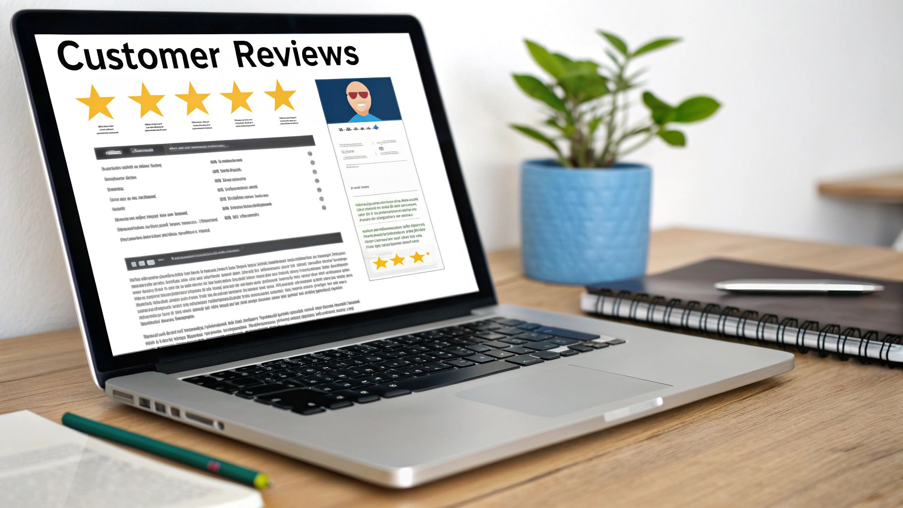 Laptop displaying customer reviews page with five star ratings and testimonials on wooden desk