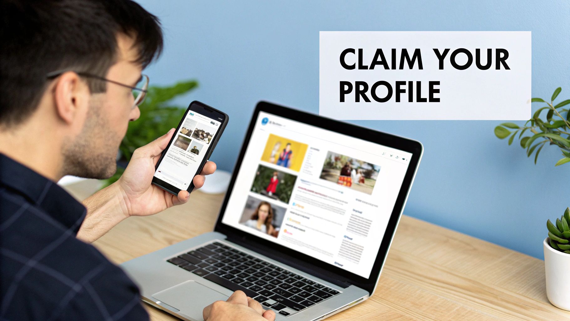 A man looking at his smartphone while a laptop displays profile pages, next to a 'CLAIM YOUR PROFILE' sign.