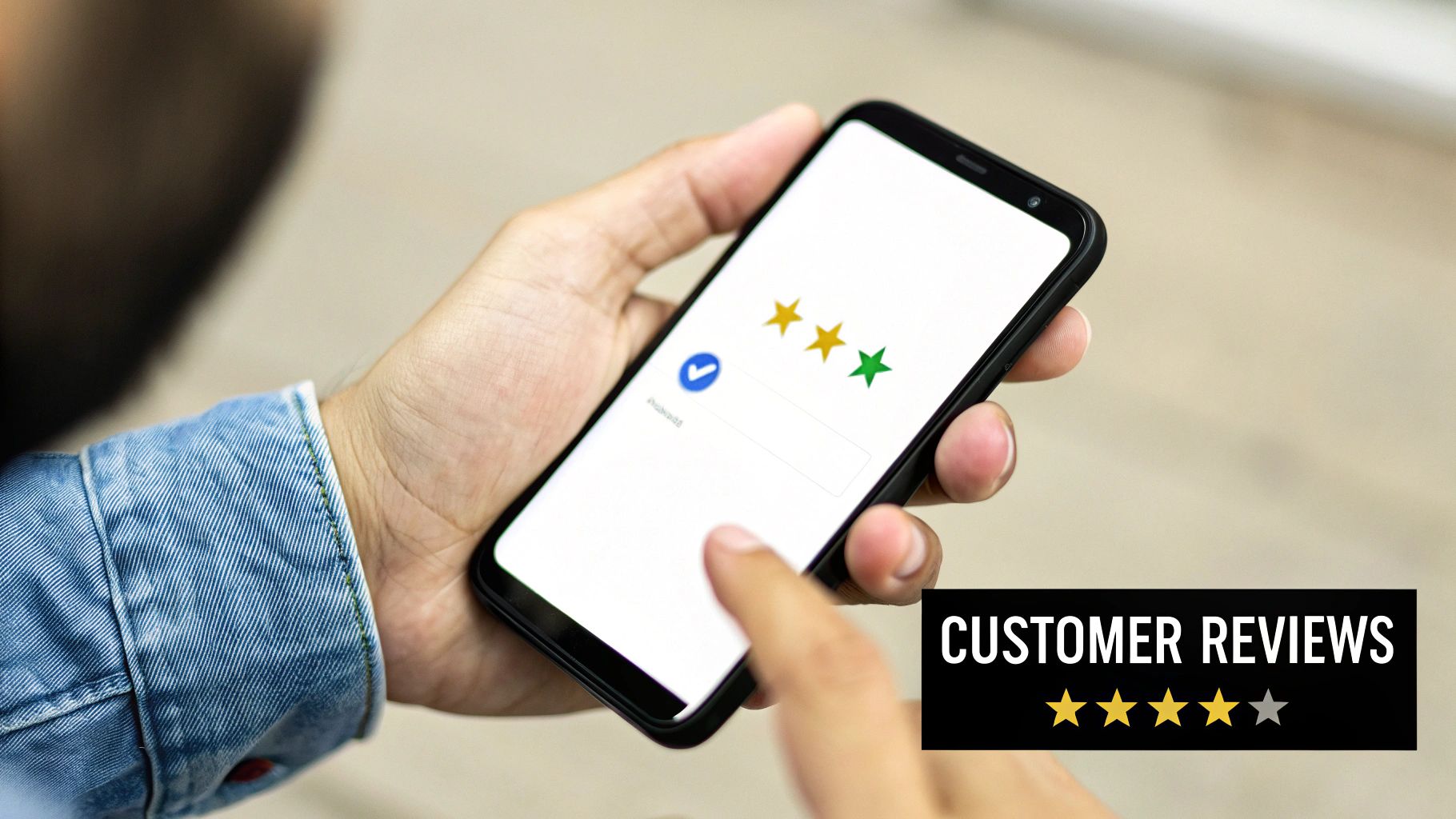 Hand holding a smartphone displaying customer review stars and a checkmark, with a 'CUSTOMER REVIEWS' banner.
