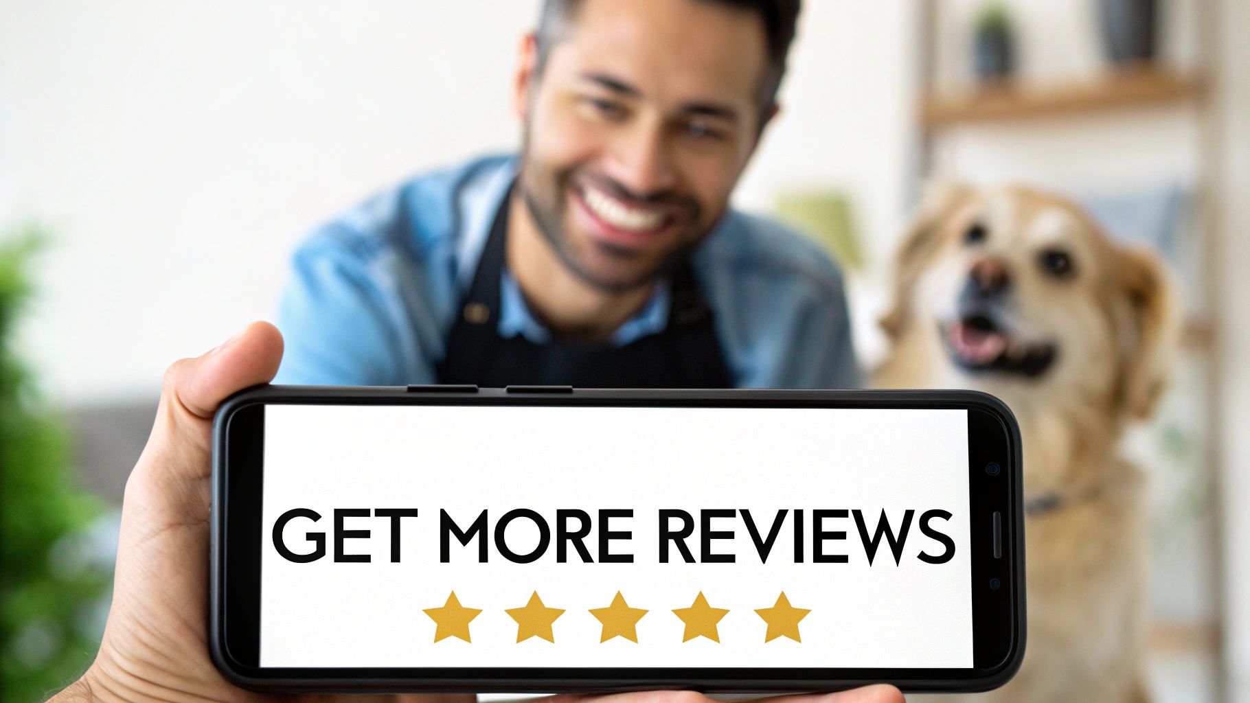A hand holds a smartphone displaying 'GET MORE REVIEWS' and five golden stars, with a blurry man and dog in the background.
