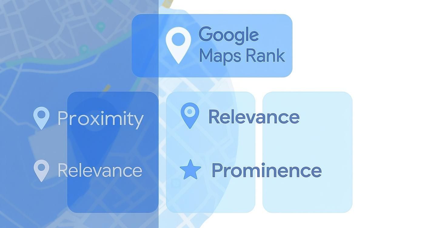 Diagram showing Google Maps ranking factors: Proximity, Relevance, and Prominence, against a map background.