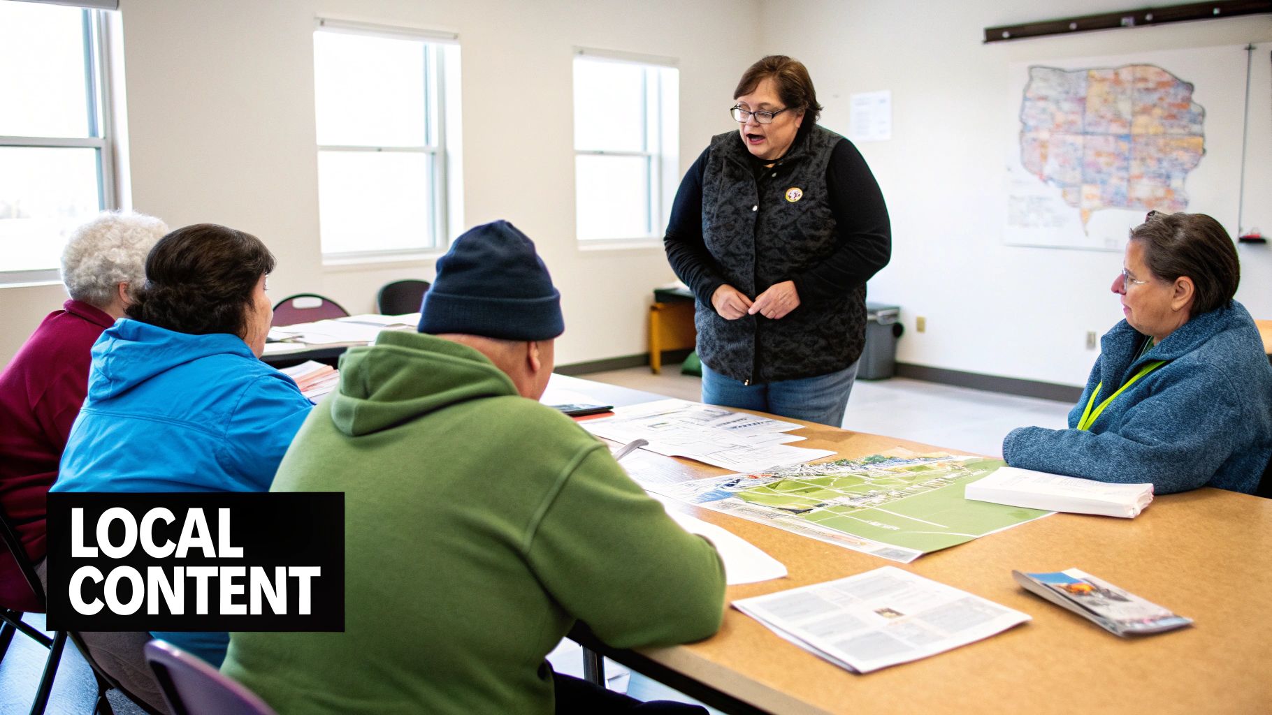Attendees listening to a speaker at a local community workshop with documents on tables.