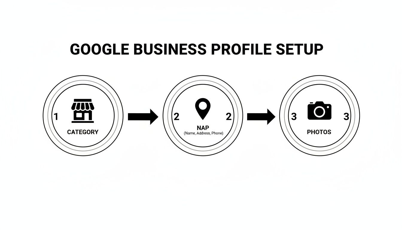 Diagram showing three essential steps for Google Business Profile setup: category, NAP details, and photos.