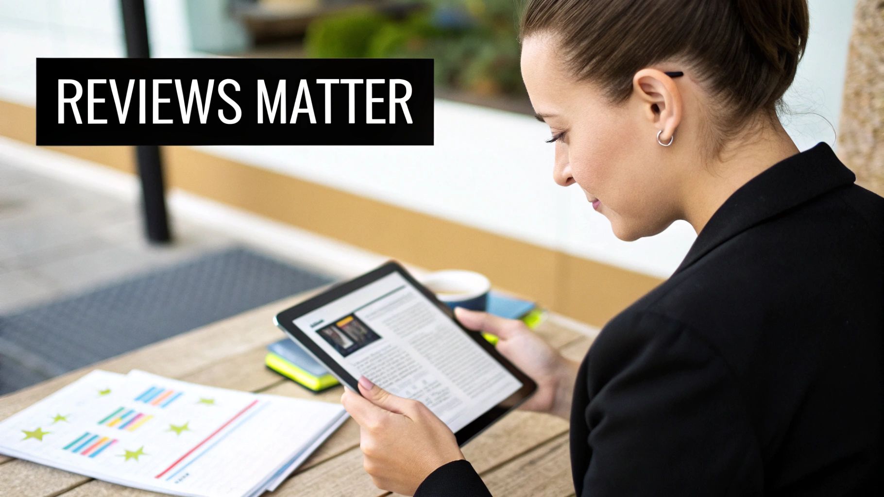 A woman in a black blazer looking at a tablet with 'REVIEWS MATTER' text overlay.