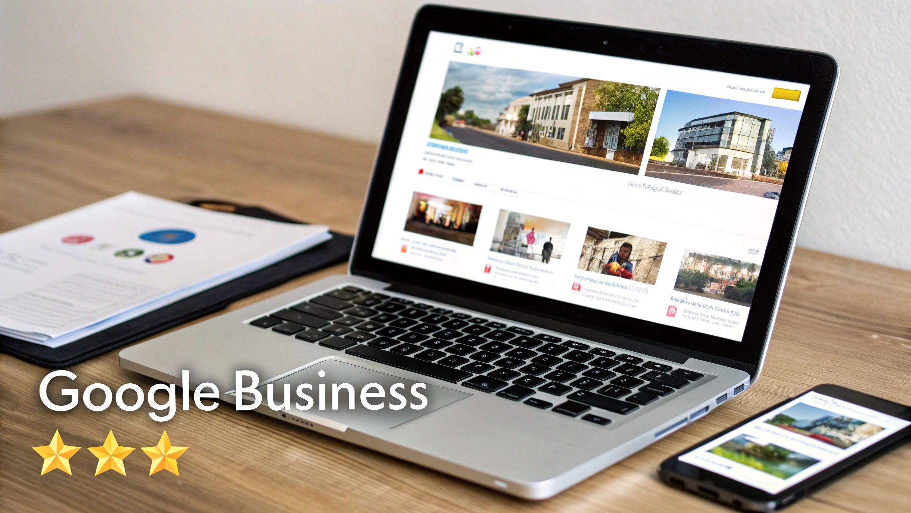 A modern office setting with a laptop showing a Google Business Profile listing for a local tree service.