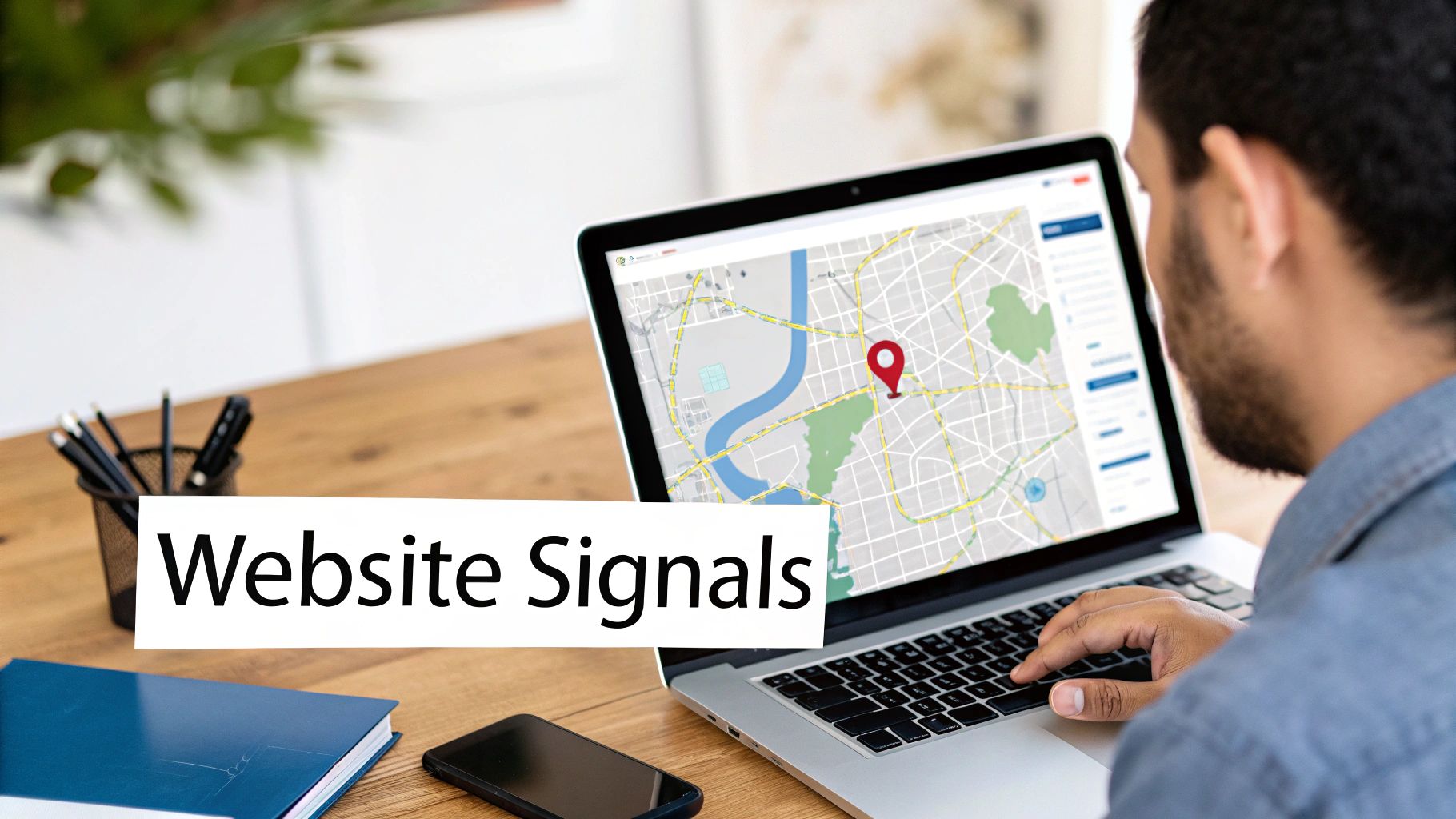 A person views a map with a location pin on a laptop, representing website signals.