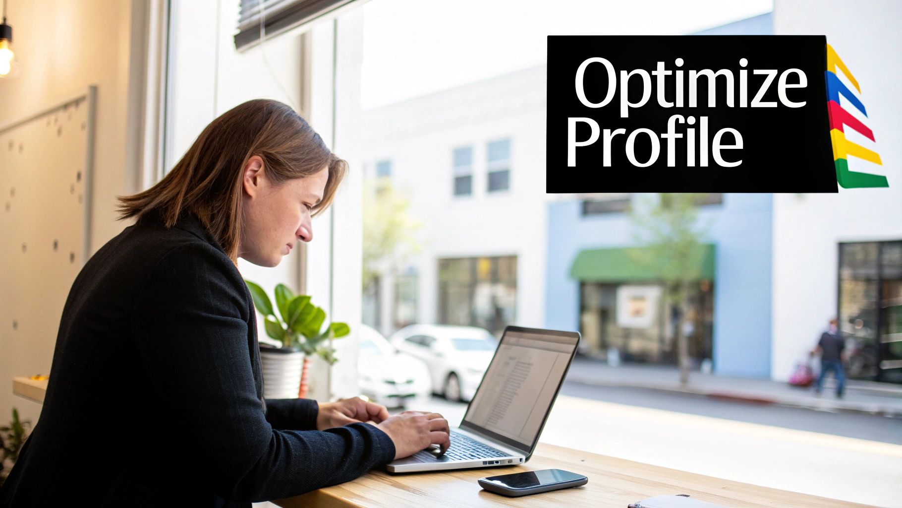 A professional woman uses a laptop by a window, with a 'Optimize Profile' sign and phone nearby.