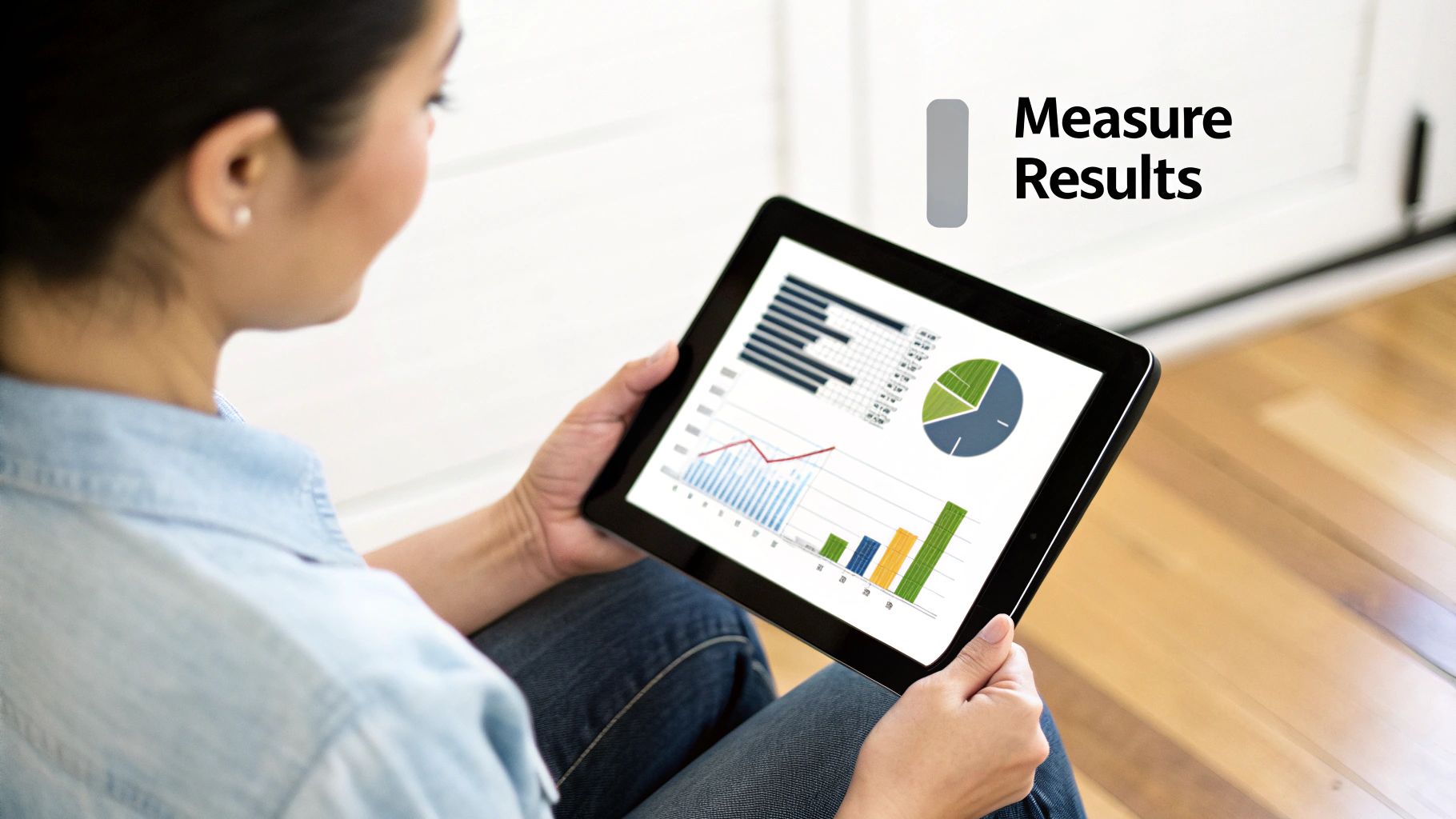 A person holds a tablet displaying various data charts and graphs, representing business analytics and measuring results.