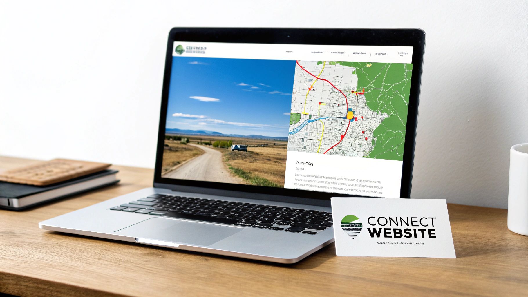 A laptop on a wooden desk displays a website with a map and a landscape image, with a 'CONNECT WEBSITE' business card next to it.