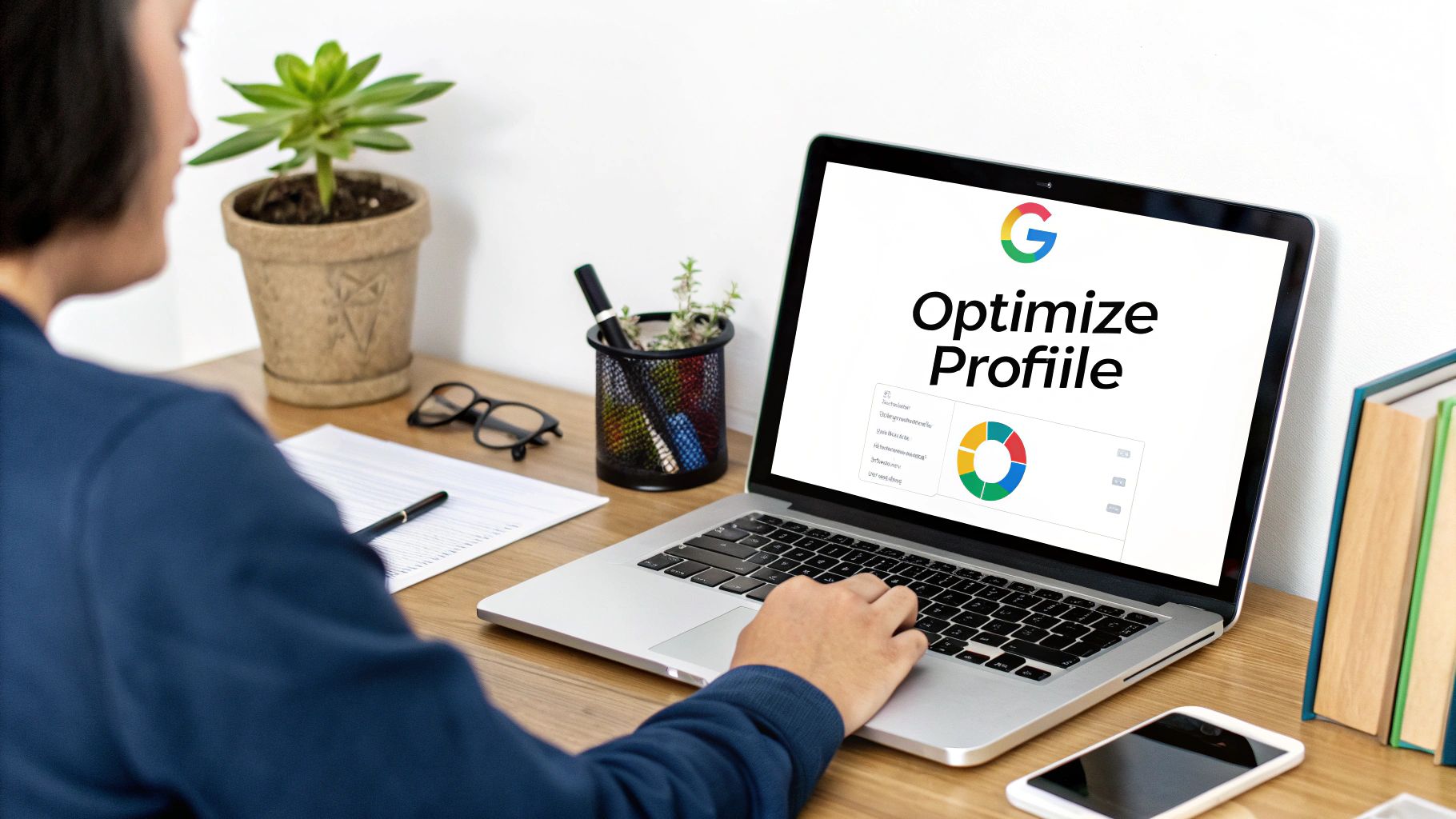 A person uses a laptop to optimize a Google profile, displaying a chart and the text 'Optimize Profiile' on screen.