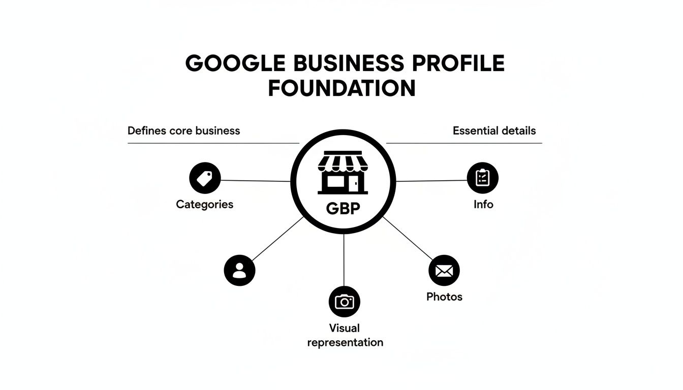 Diagram illustrating the Google Business Profile foundation with core elements: Categories, Info, Photos, and Visual representation.
