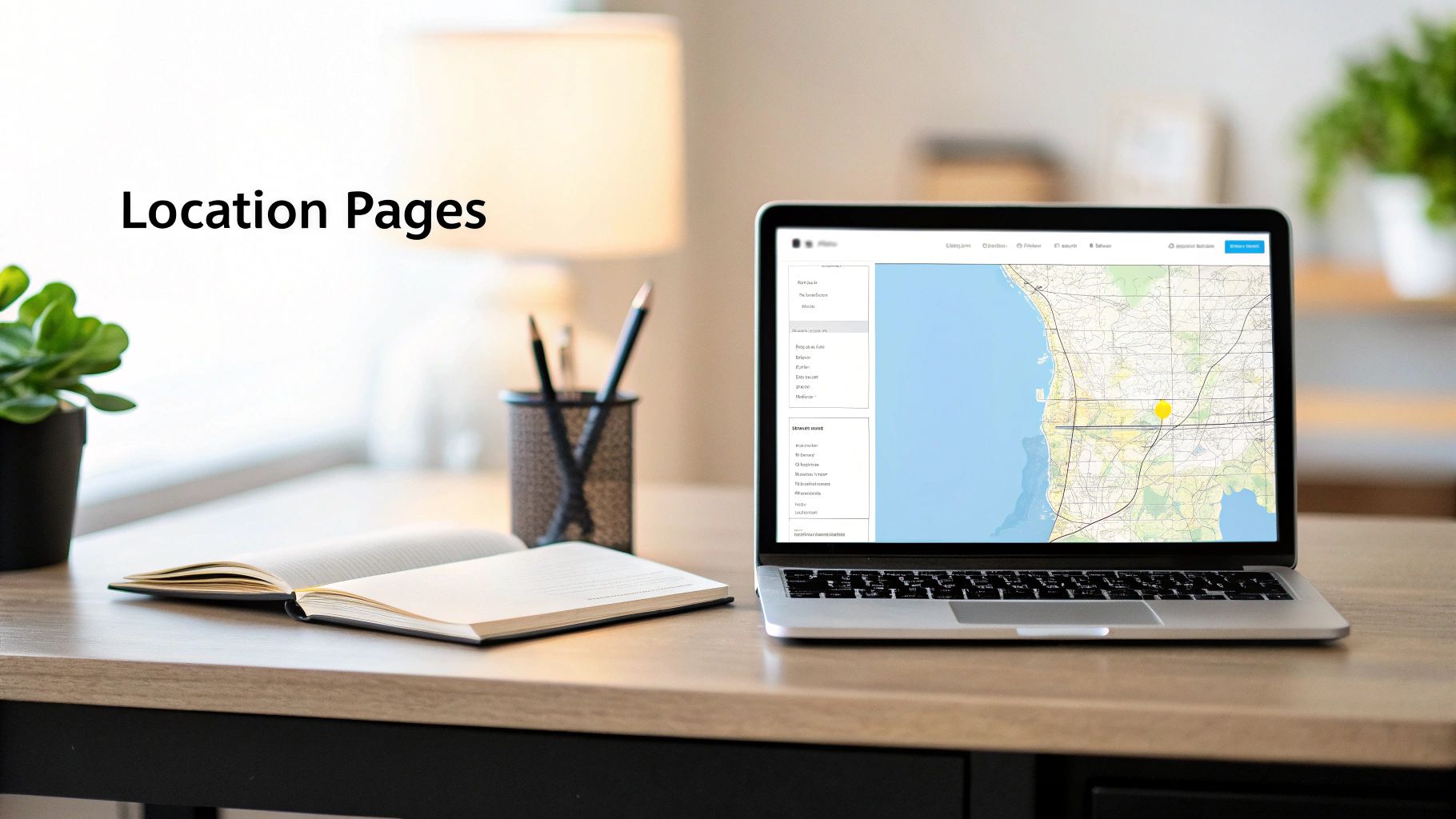 A laptop on a desk displays location pages with a map and a yellow pin, next to a notebook.