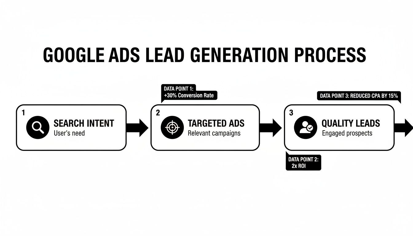 A flowchart illustrates the Google Ads lead generation process, from search intent to quality leads, highlighting key metrics.