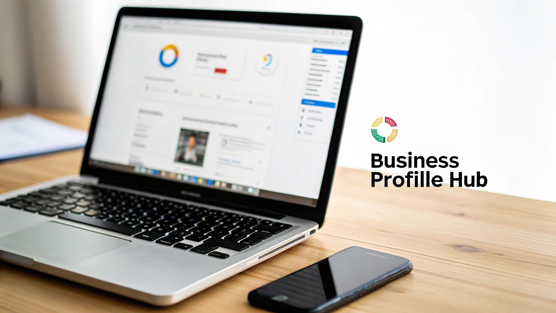 A laptop displaying a business profile dashboard, a smartphone, and 'Business Profile Hub' logo on a wooden desk.