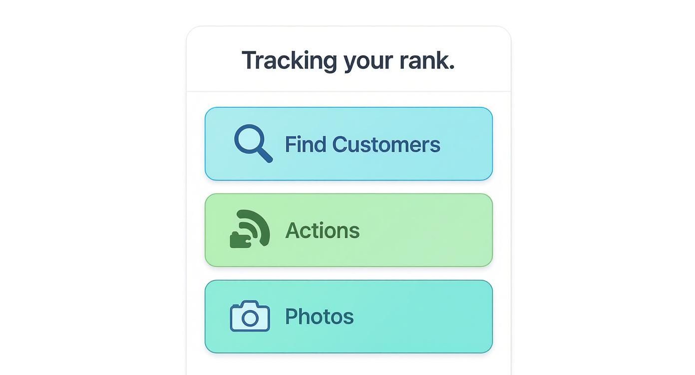 A mobile app screen titled 'Tracking your rank' with buttons: 'Find Customers', 'Actions', and 'Photos'.