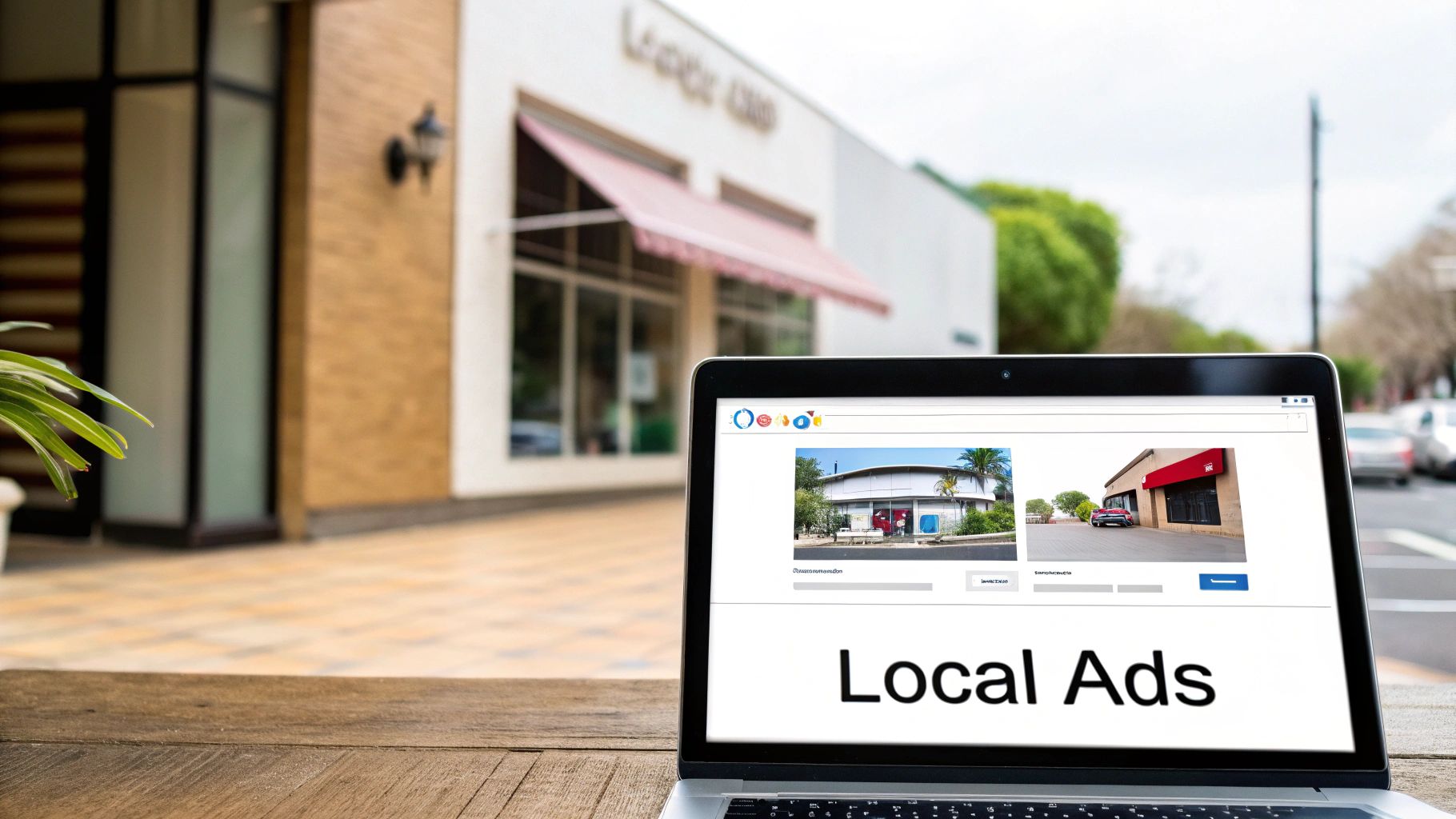 A laptop displaying a 'Local Ads' platform with images of local businesses, set against a blurred background of a storefront and street.