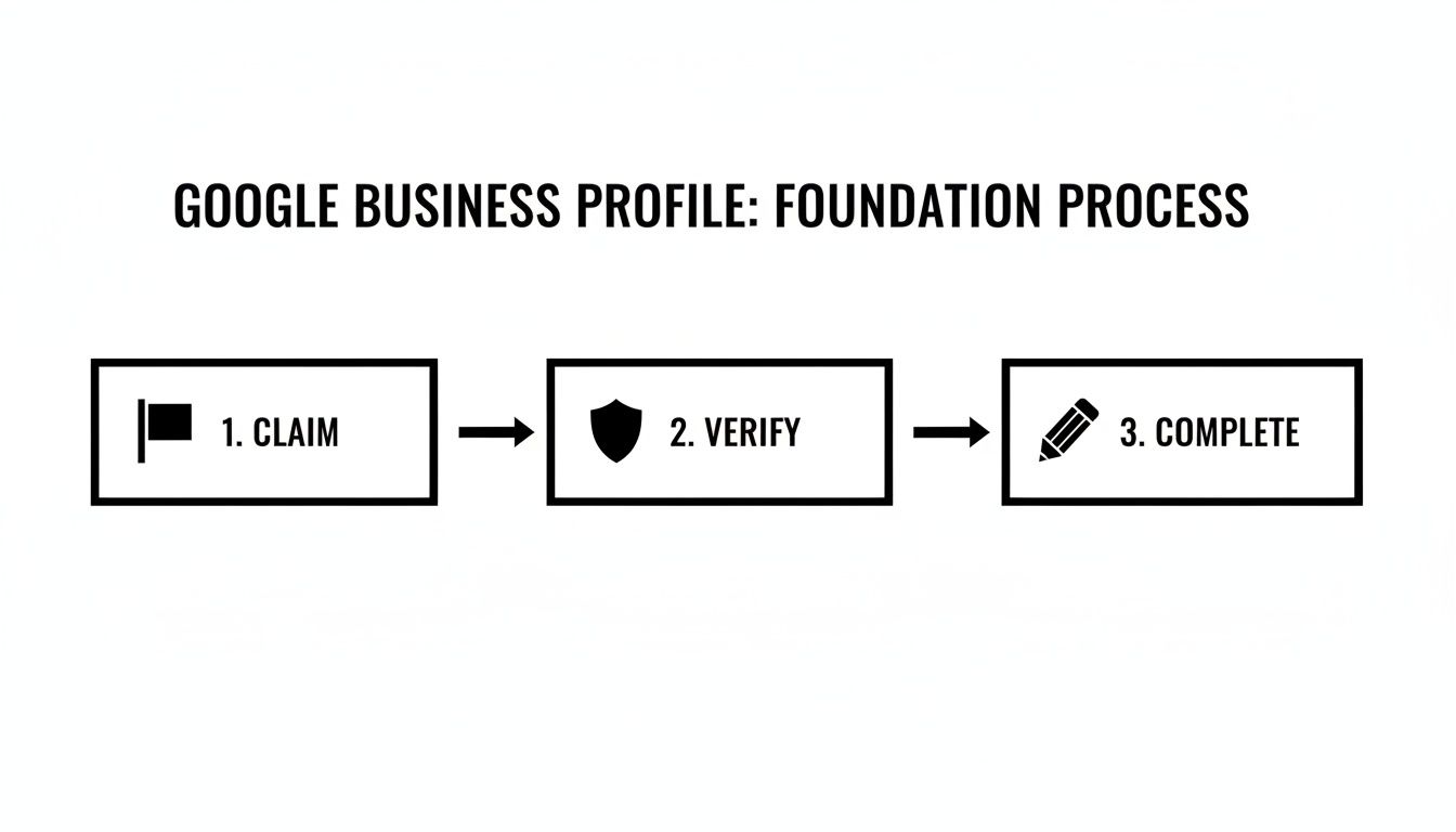 A step-by-step guide to setting up a Google Business Profile: Claim, Verify, Complete.