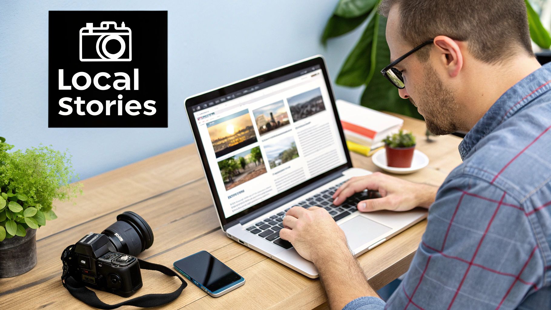 A man types on a laptop displaying a 'Local Stories' website with photos, beside a camera and phone.