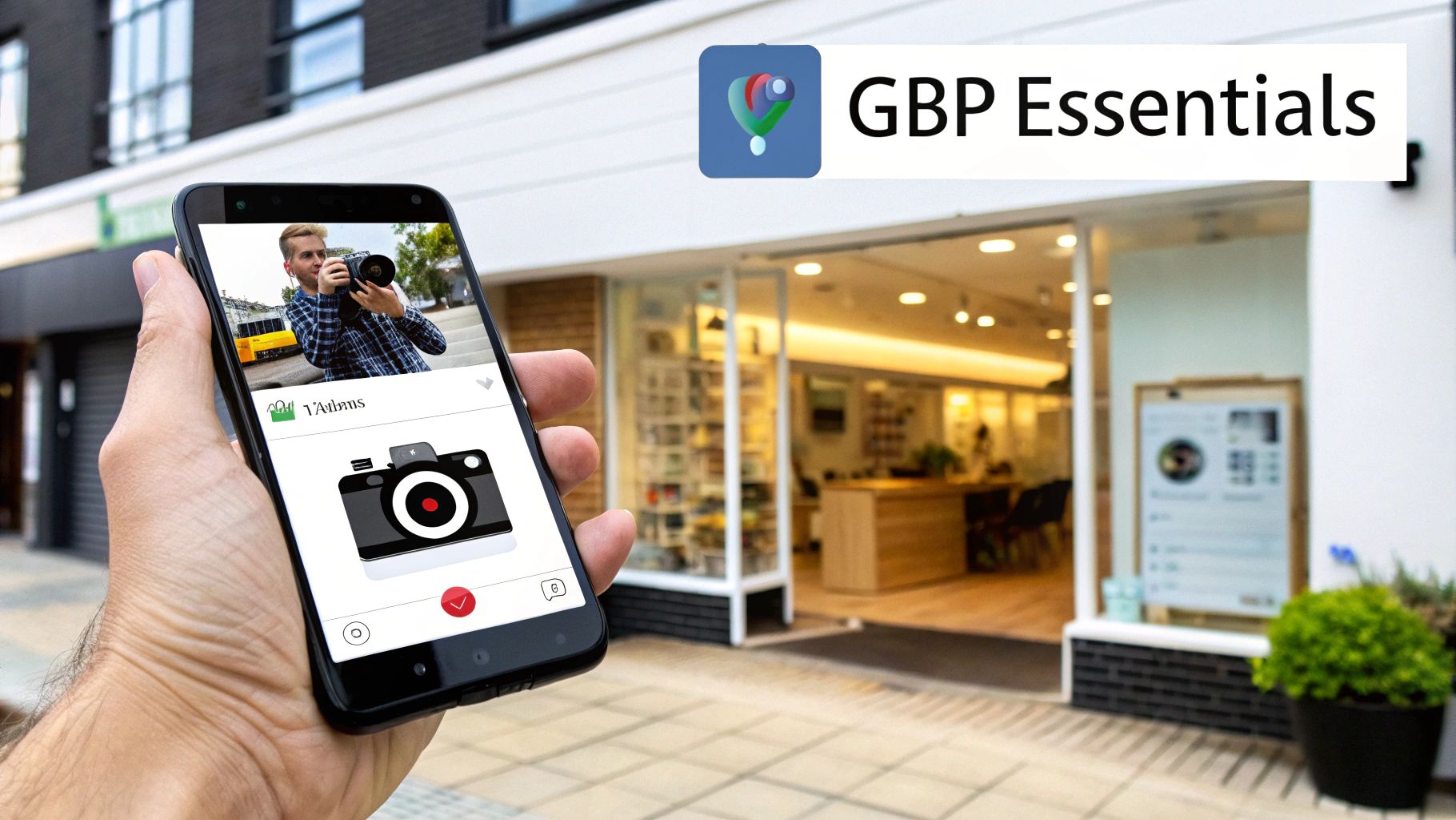 A hand holds a smartphone displaying a photography app, with a 'GBP Essentials' banner and a modern storefront in the background.