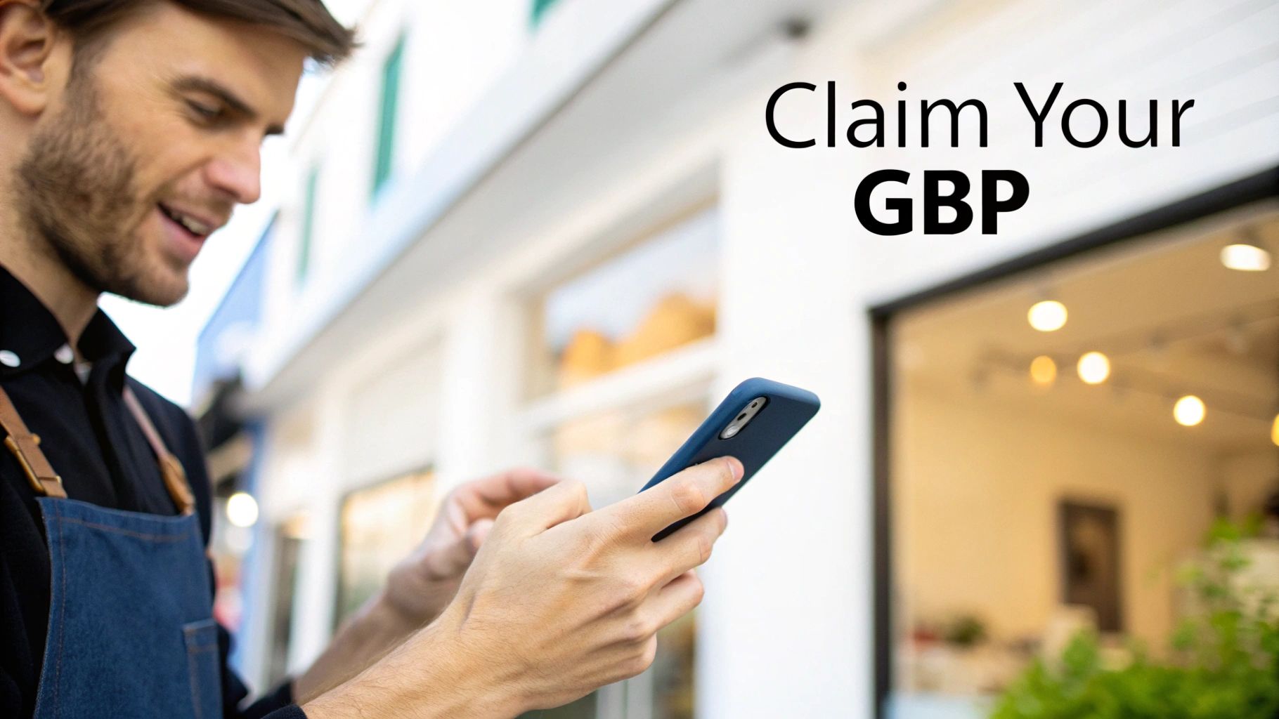 A smiling small business owner in an apron uses a smartphone with 'Claim Your GBP' text overlay.