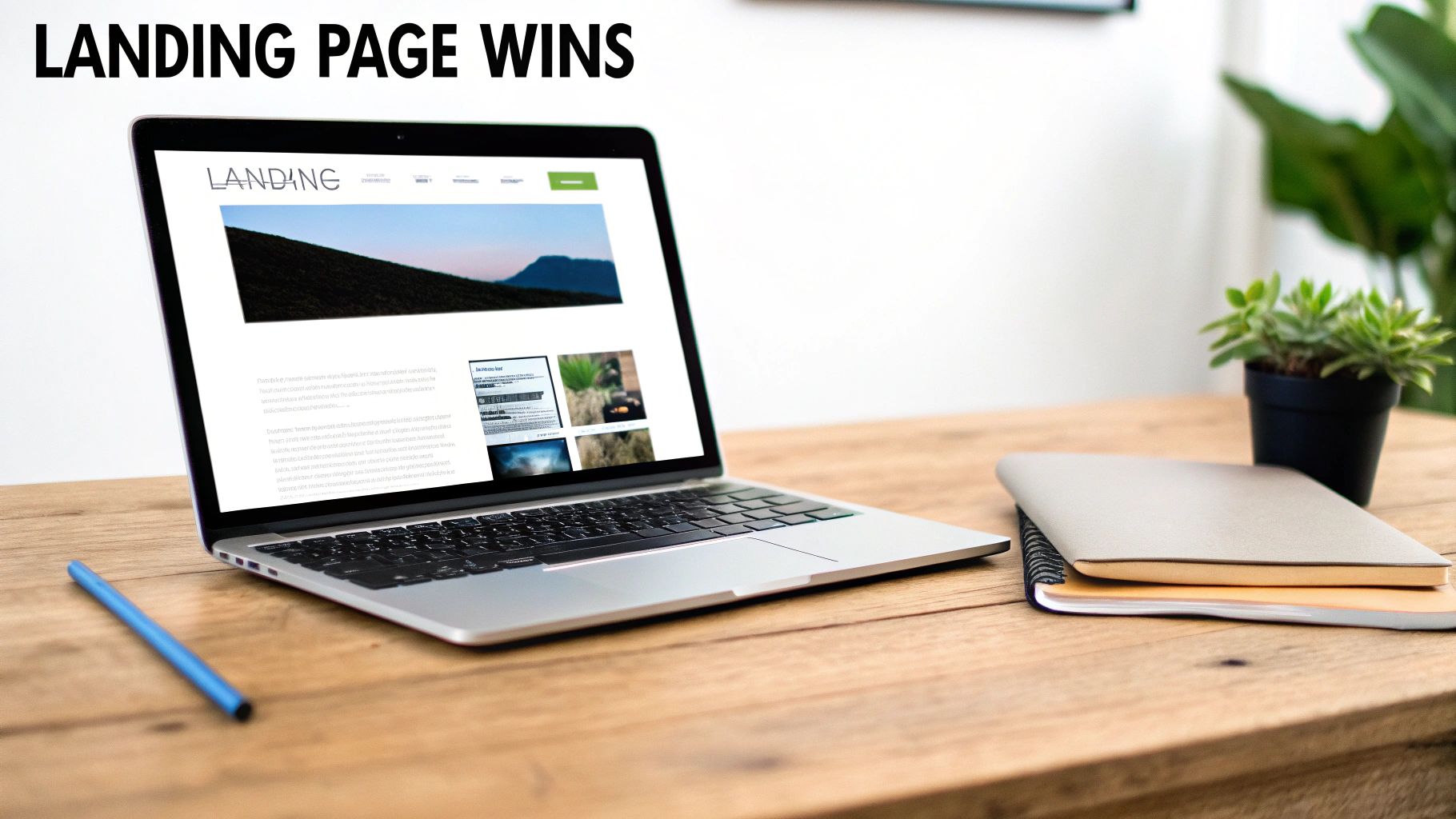 Laptop displaying a landing page under "LANDING PAGE WINS" text, on a wooden desk with office items.