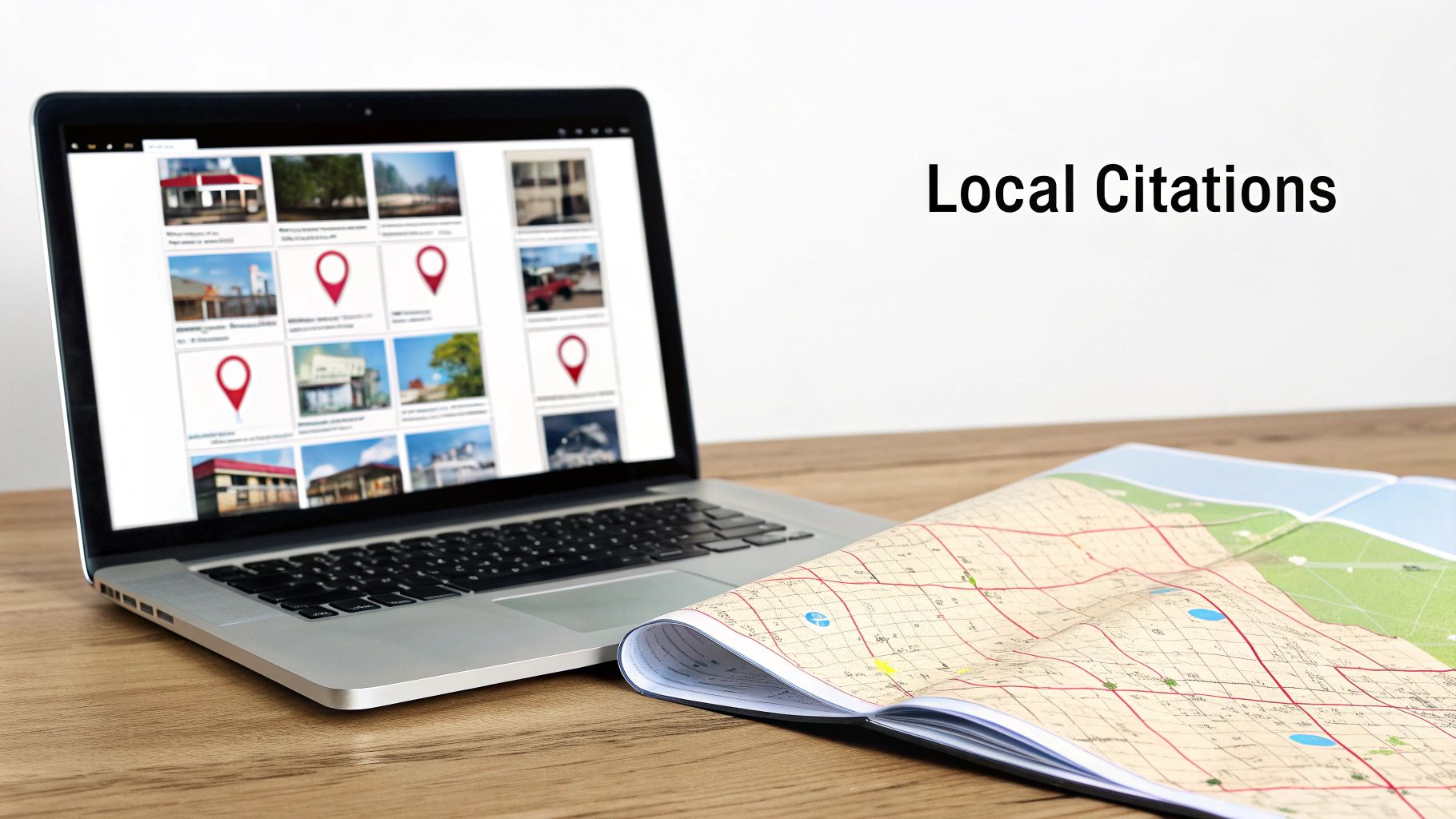 A laptop showing local business listings with map pins, next to an open map book on a wooden desk, illustrating local citations.