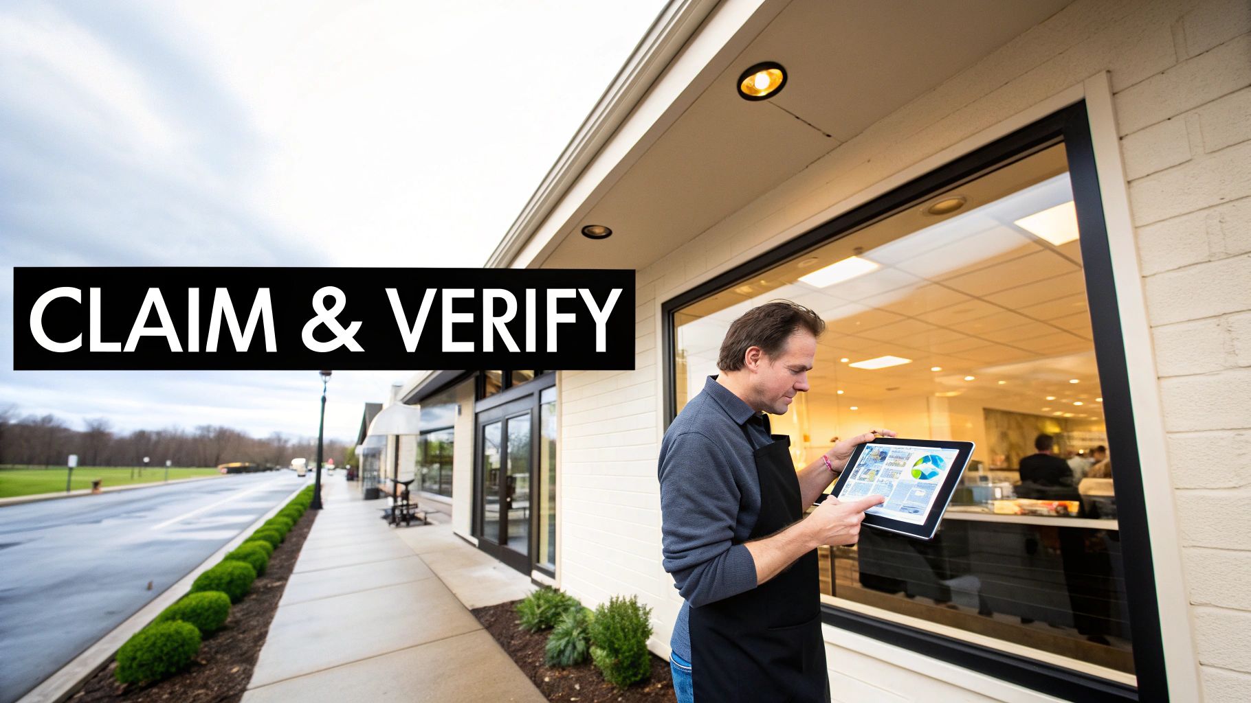 A man in an apron outside a business uses a tablet displaying data, with 'CLAIM & VERIFY' text.
