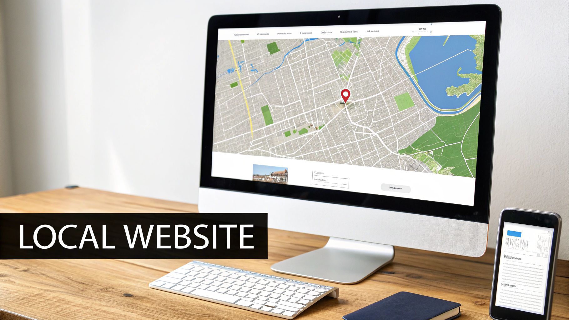 A desktop computer displays a local map with a red pin, alongside a keyboard and smartphone, highlighting a local website.