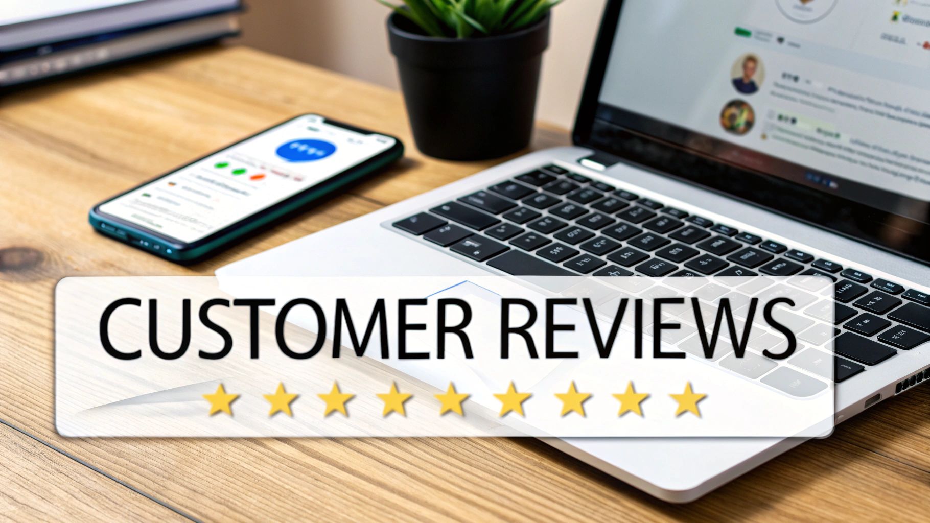 A banner with 'CUSTOMER REVIEWS' and ten golden stars overlaying a laptop and smartphone.