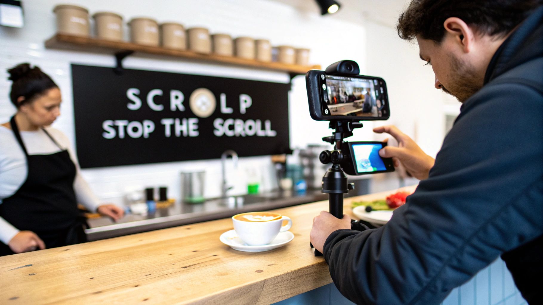 A person films a coffee cup with latte art on a wooden counter in a modern cafe.