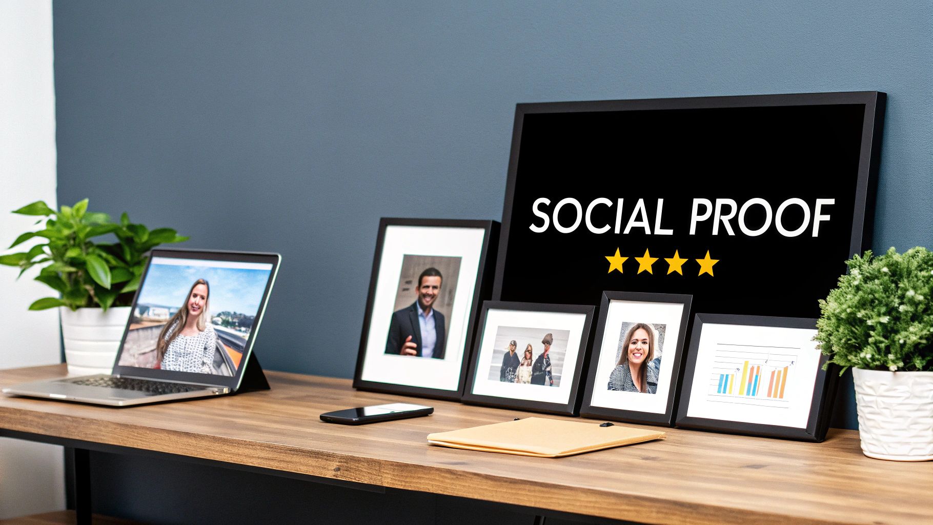 A modern desk setup featuring a laptop, framed photos, and a large screen displaying 'Social Proof' with stars.