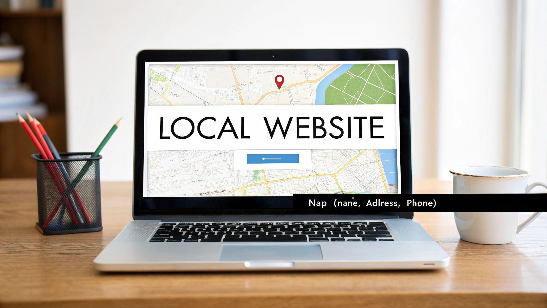 Laptop displaying local business website with map showing location name address and phone number