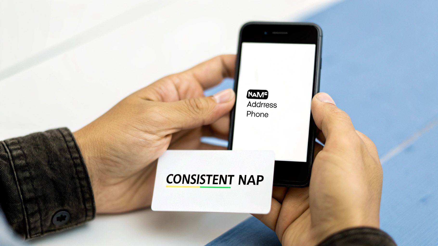 Hands holding a smartphone and a card displaying consistent Name, Address, Phone (NAP) information.