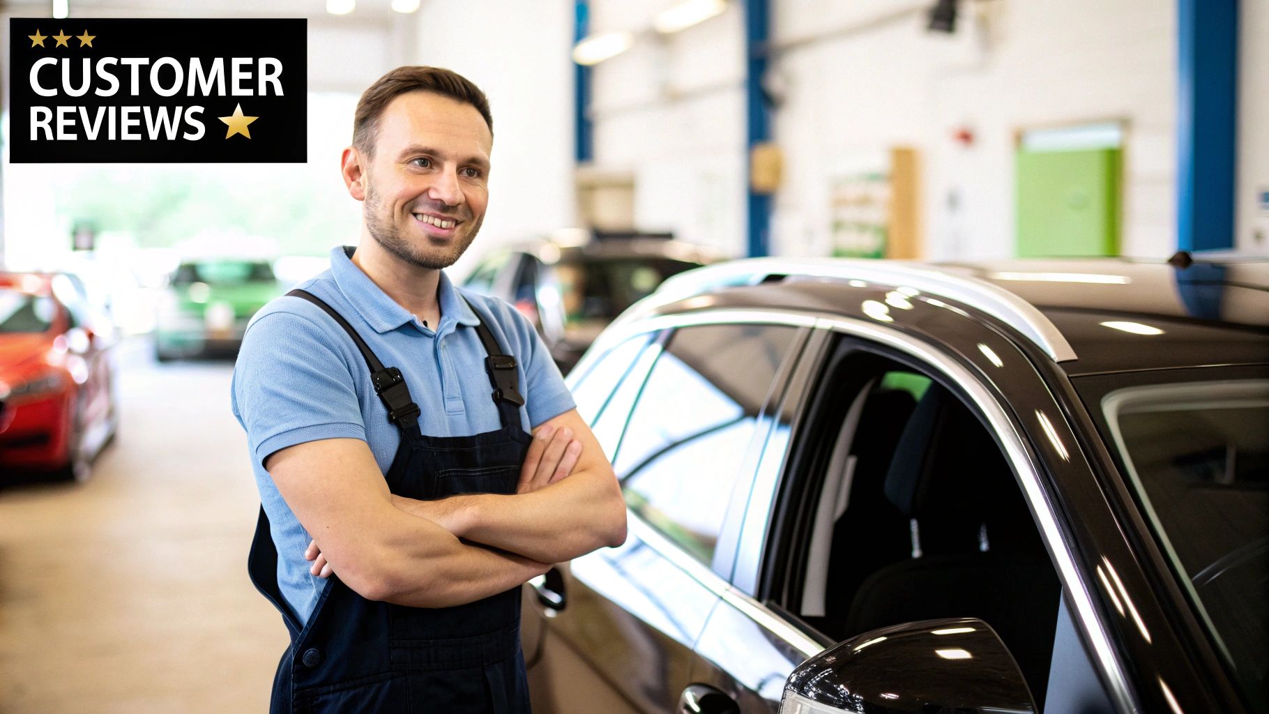 A customer leaving a positive five-star review for an auto repair shop on their smartphone.