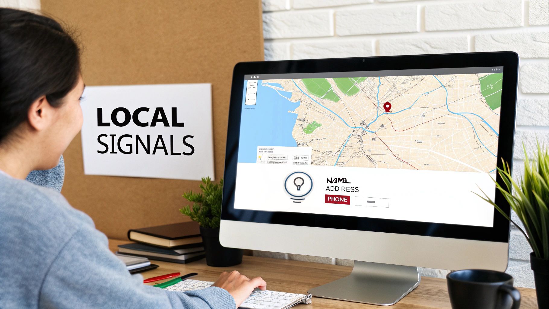 Woman using computer to optimize local business signals for Google Maps ranking improvement