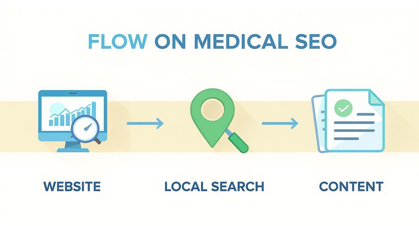 Infographic showing the process flow of medical SEO, with icons for Website, Local Search, and Content.