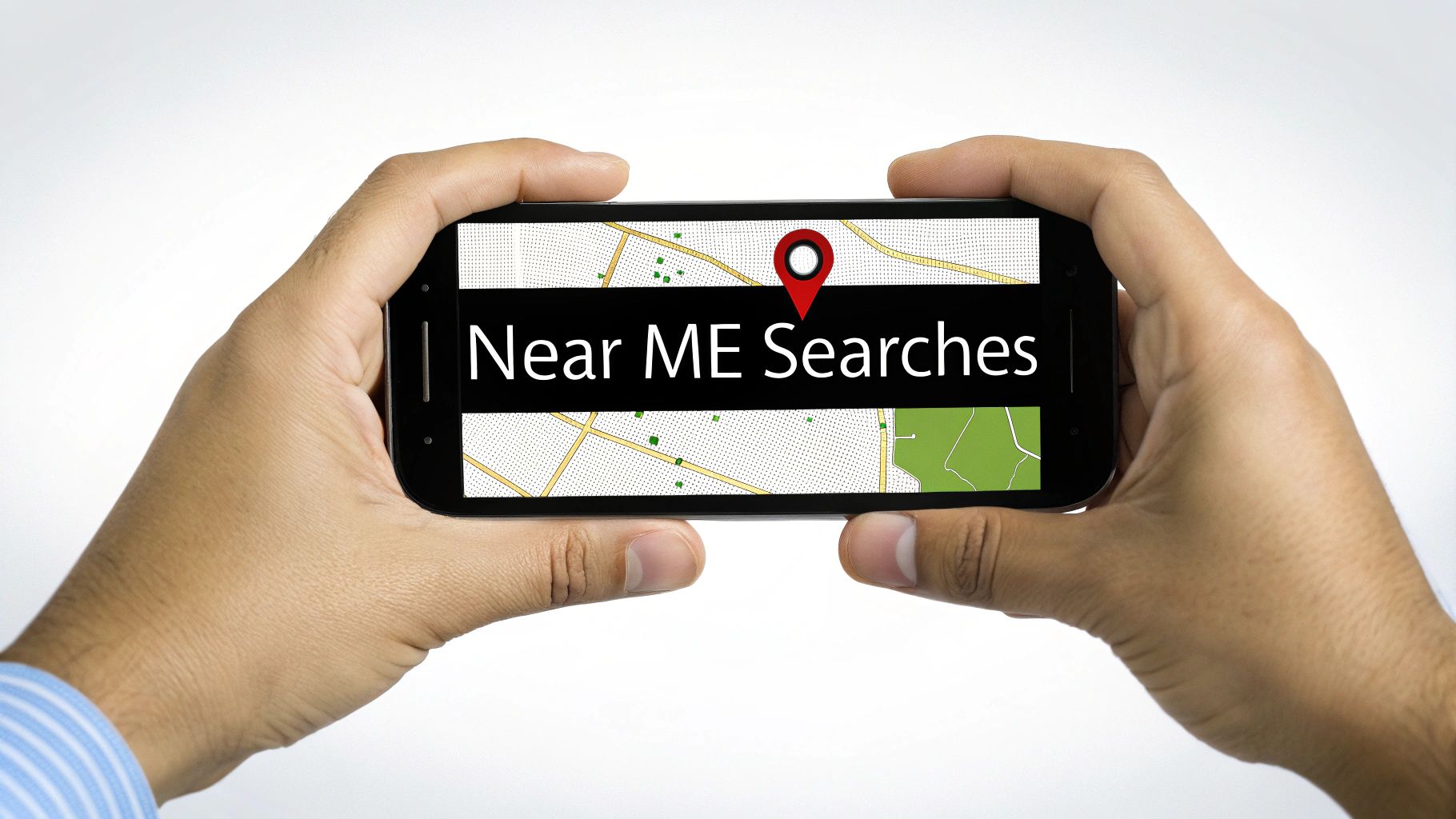Hands holding a smartphone displaying a map with a location pin and 'Near ME Searches' text.