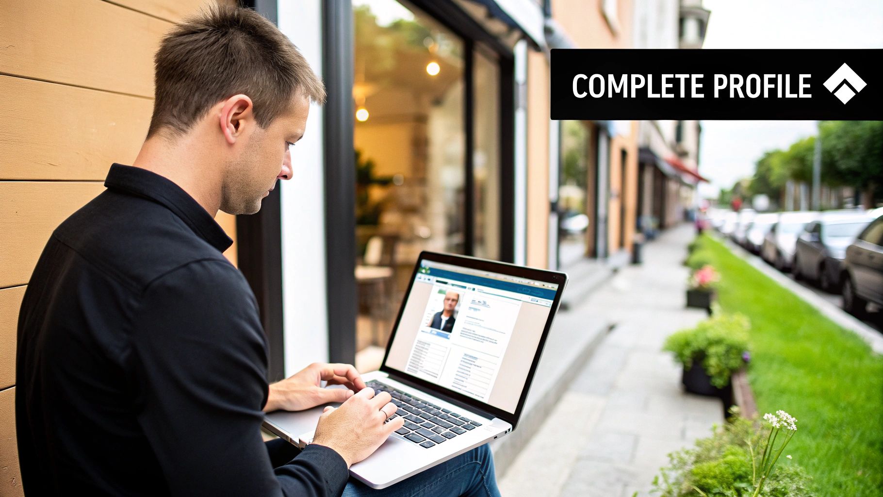 A man sits outdoors on a sidewalk, focused on his laptop displaying an online profile page.