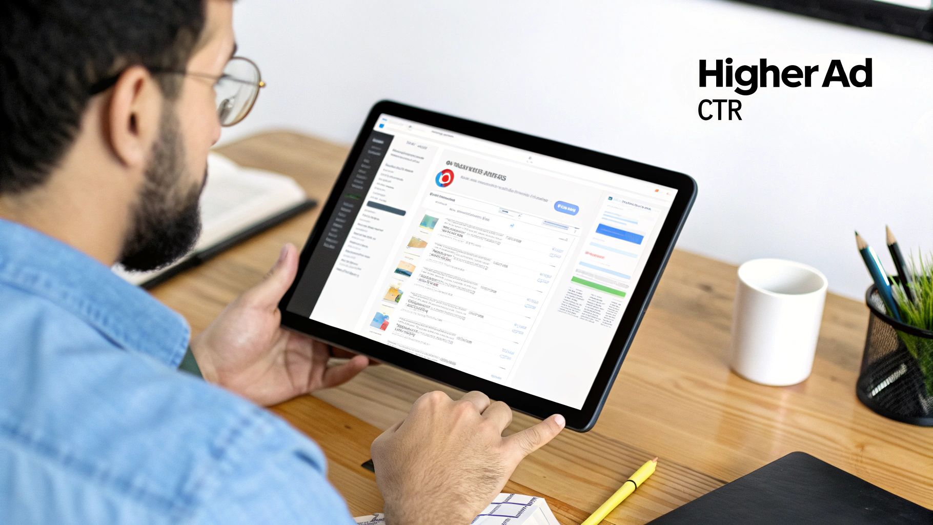 A man with glasses uses a tablet displaying an ad management dashboard, with text 'Higher Ad CTR'.