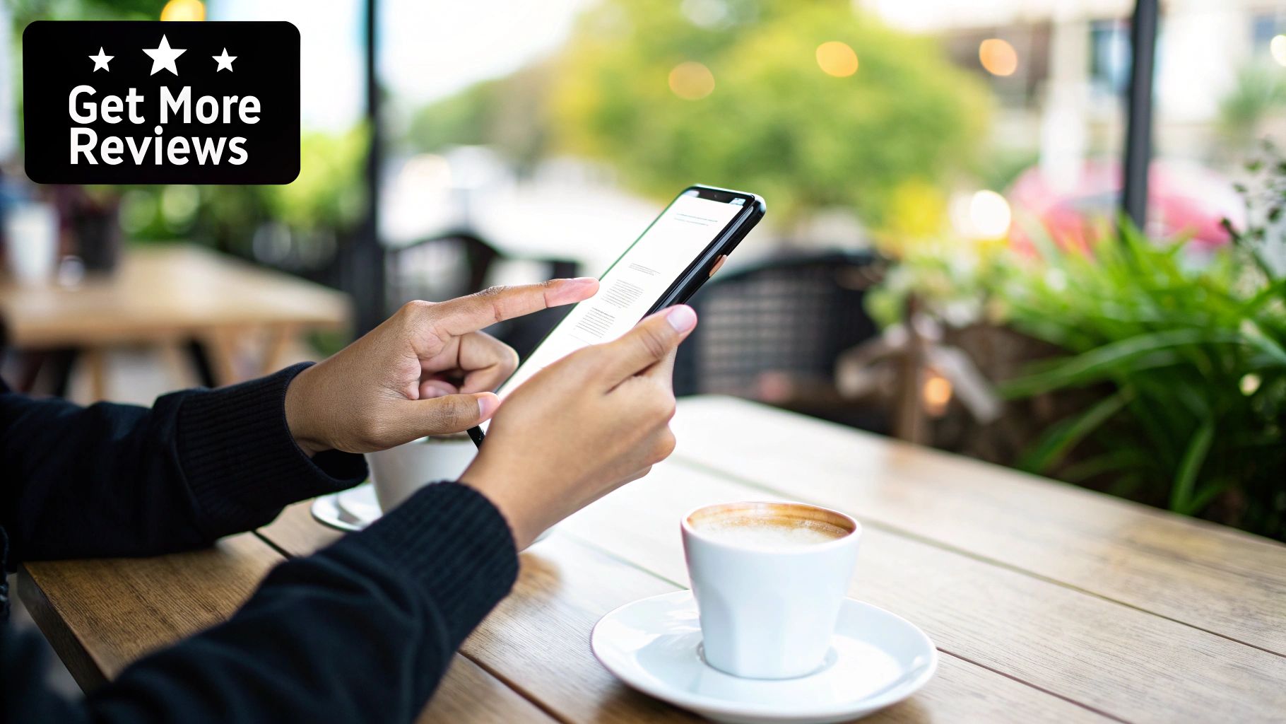 A person uses a smartphone at an outdoor cafe table, with a 'Get More Reviews' overlay.