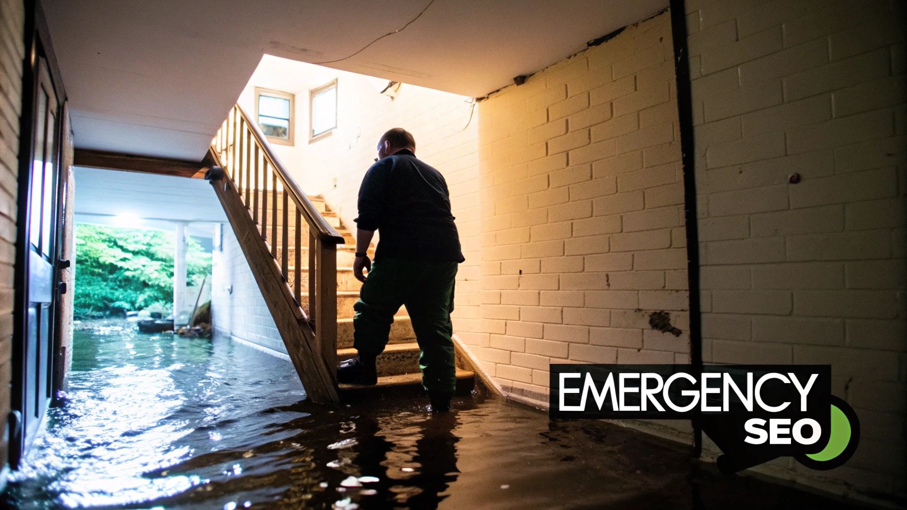 A restoration worker in protective gear inspecting a water-damaged room.