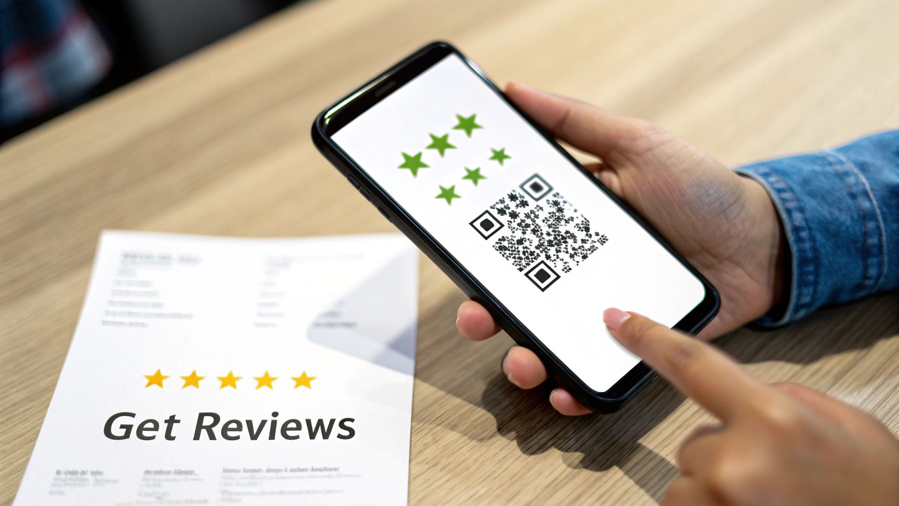 A person holds a smartphone displaying a QR code and green stars, with a 'Get Reviews' paper nearby.
