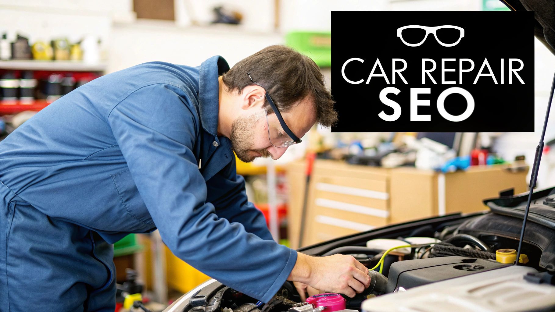 A mechanic working under a car on a lift, representing the hands-on work that needs to be supported by online marketing.