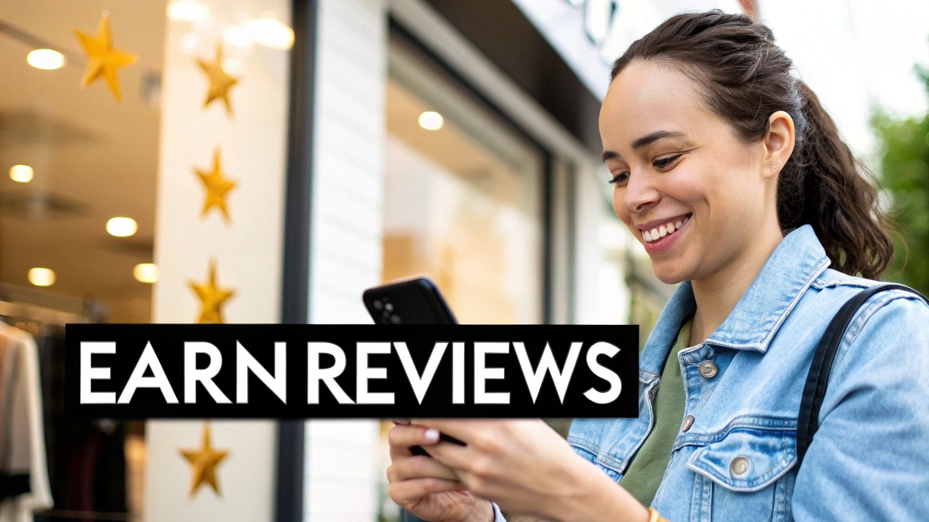 A smiling woman looks at her phone in front of a store with 'EARN REVIEWS' text overlay and star decorations.