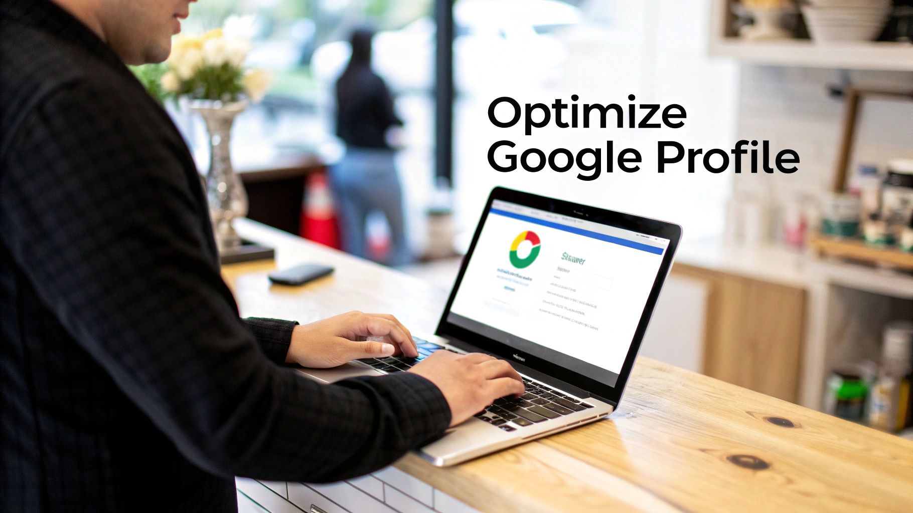 Person typing on a laptop with 'Optimize Google Profile' text overlay, showing a Google Business Profile interface.